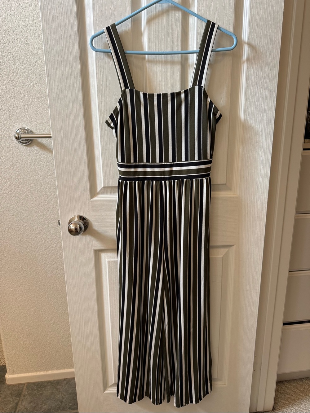 Express Black and White Vertical Stripe Top with Olive Accents